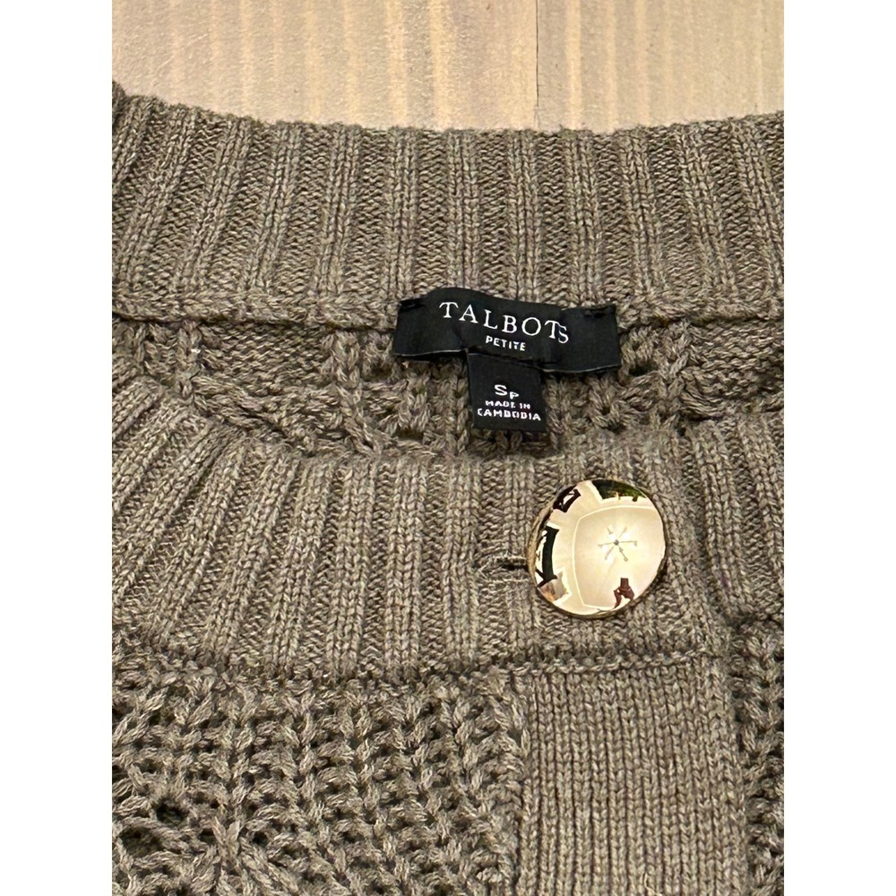 E4 Talbots Petite Olive Green Cable Knit Cardigan Gold Button Sweater SP Small P - Picture 2 of 4